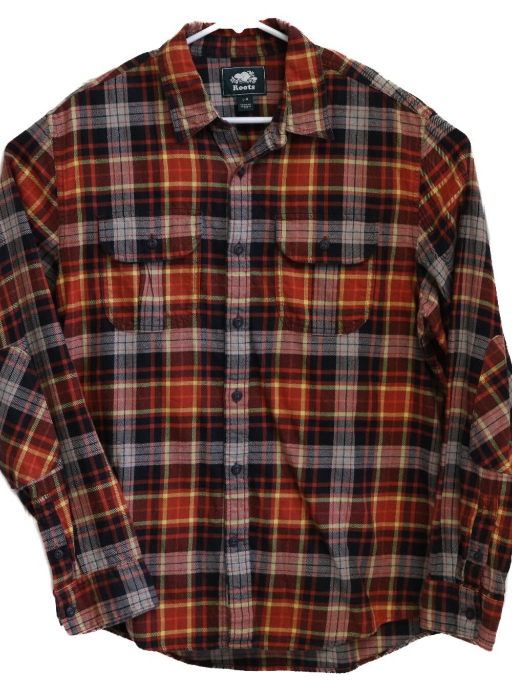 Roots Flannel Shirt Button Up Mens Size L Orange Black Plaid Elbow Patch NWOT